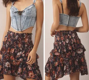 Anthropologie Asymmetrical Smocking Ruffles Mini Skirt, Size S thumbnail 2