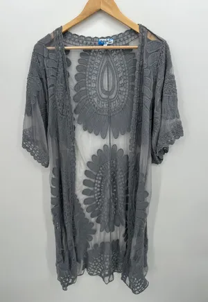 Rebellion Lace Kimono Cardigan Gray Sheer Boho Festival Duster Women Sz L Hippie thumbnail 1