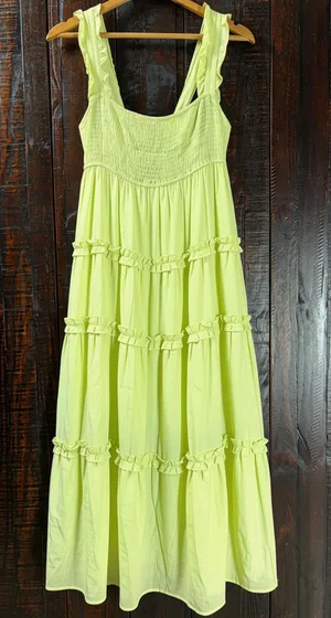 LUSH Lime Green Smocked Tiered Ruffled Maxi Dress SMALL thumbnail 1