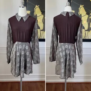 Vintage 90s Steampunk Dark Academia Schoolgirl Brown Leaf Dress S thumbnail 2