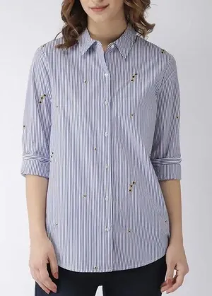 Scotch‎ & Soda Striped Star Embroidered Button Down Shirt Medium Blue Preppy thumbnail 1