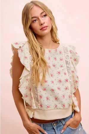 BiBi Flower Printed Ruffle Sleeve Trim Detail Top - Red Flower - Large thumbnail 1