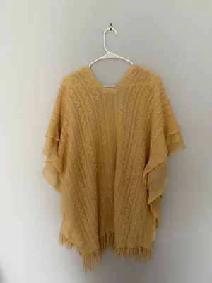 Butter Yellow Knit Poncho with Fringe Hemline thumbnail 4