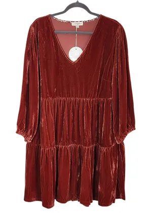 Umgee Burnt Orange Velvet Tiered Mini Dress Size XL NWT Wedding Guest Dress thumbnail 1
