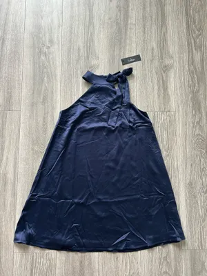 New Lulus Headed Out Tonight Navy Blue Satin Halter Swing Dress Medium MSRP $58 thumbnail 7