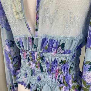 Free People Daphne Sliver Blue Floral Boho Smocked Lace Blouse Medium NWT $128 thumbnail 8