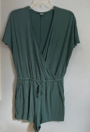 Old Navy Green V-Neck Short Sleeve Elastic Waist Drawstring Romper thumbnail 1
