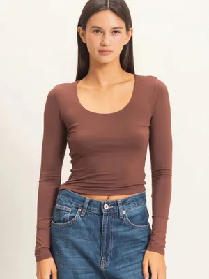 NEW Double Zero Chocolate Brown Scoop Neck Long Sleeve Tee – Large thumbnail 7