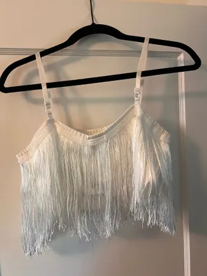 White Fringe Two-Piece Matching Set | Layered Tassel Crop Top & Mini Skirt thumbnail 2