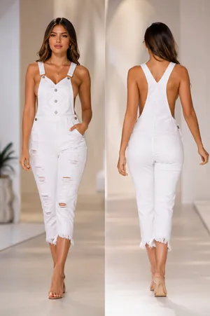 American Bazi White Distressed Denim Overalls - Size S (Fringe Hem) thumbnail 2