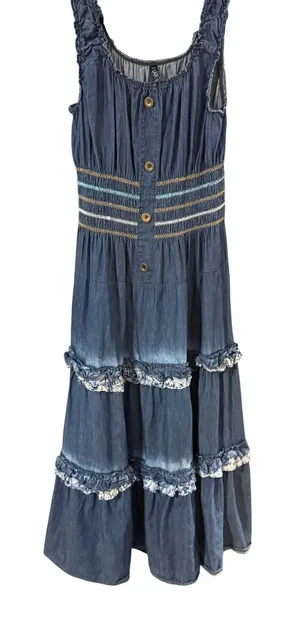 Lapis Womens Blue Denim Tiered Maxi Dress‎ Smocked Waist Ruffle Boho L Cottage thumbnail 1