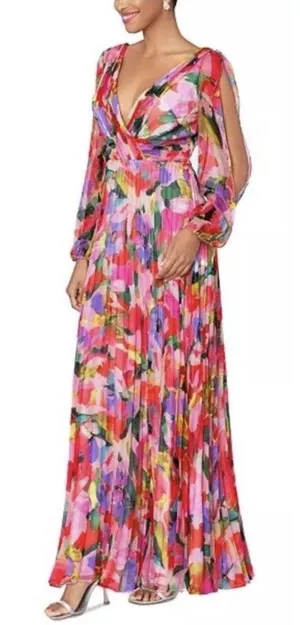 Betsy And Adam Women Watercolor Floral V-Neck Long-Sleeve Dress Pleated Size 10 thumbnail 1