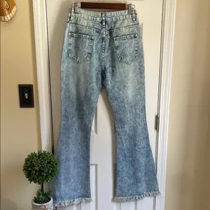 Trendy Light Blue Distressed Boho, Streetwear Flare Jeans thumbnail 3
