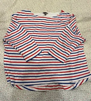 J. Crew White Long Sleeve Tee with Red and Blue Stripes thumbnail 1