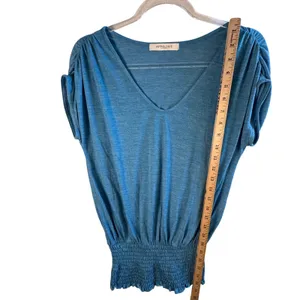 Astrologie California Smocked Waist Top V-Neck‎ Dolman Sleeve Blue Teal Blouse S thumbnail 7