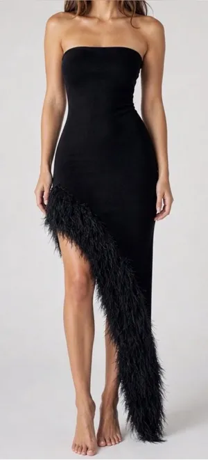 NBD Aubrey Asymmetrical Faux Fur Trim Strapless Dress, Black, XS thumbnail 1