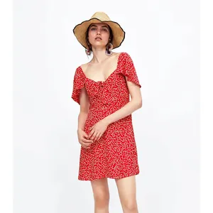 Zara Red Floral Sweetheart Neck Flutter Sleeve Bow Smocked Back Mini Dress Sz S thumbnail 3