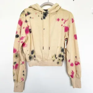 NEW AFRM Cropped Hoodie Sweatshirt SMALL Beige Tan Pink Tie Dye Drawstring NWT thumbnail 7