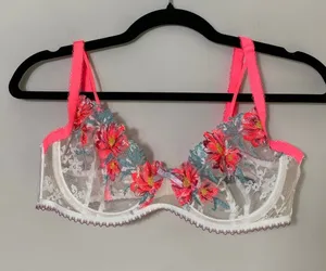 For Love & Lemons Sheer Floral Bra Neon Poppy Embroidered Medium thumbnail 1