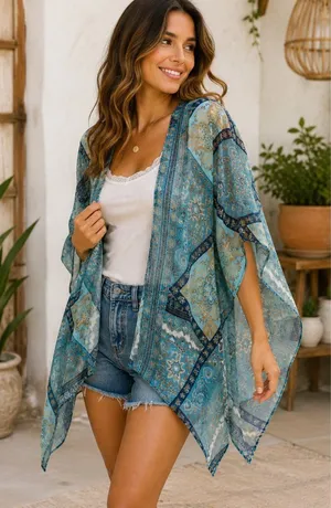 Umgee Womens S/M Blue Paisley Metallic Kimono Duster Boho Open Front Cardigan thumbnail 1