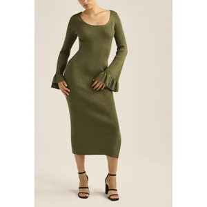 Scoop Womens Sweater Dress Sz XL Grape Leaf Ribbed Midi Bell Sleeve Square Neck thumbnail 2