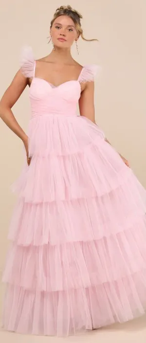 Lulus Fabulous Poise Light Pink Tulle Ruffled Tiered Maxi Dress Size Small NWT thumbnail 1