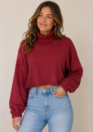 Aerie Womens Burgundy Cropped Mock‎ Neck Sweatshirt Raw Hem FK4556SH Red Small thumbnail 1
