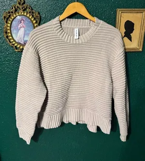Varley Talbert Ribbed 100% Cotton Mock Neck Tan Sweater, Side Zips, Medium thumbnail 1