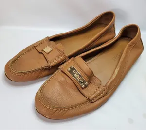 Coach Fredrica Loafers Women 7.5B Tan Leather‎ Gold Logo Driving Moccasins A5175 thumbnail 1