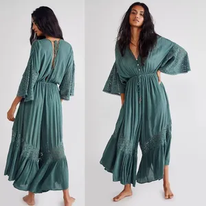 Free People Angela Jumpsuit Dried Pine Crochet Jumper Large Flowy Bohemian thumbnail 2