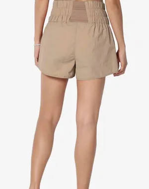 Free People Smocked High Waist Windbreaker Running Shorts Medium Light Mocha thumbnail 2