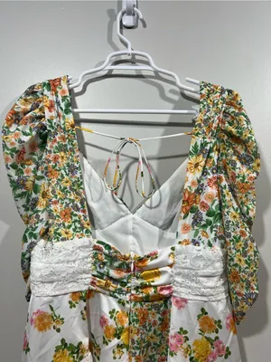For Love & Lemons Rosalyn Yellow and Green Floral Lace-Trim Mini Dress Large thumbnail 5