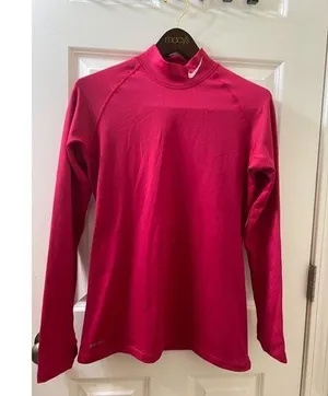 NIKE DRI-FIT Pink Long Sleeve Turtleneck Shirt Top Sz L Fuchsia Thumb Hole thumbnail 1