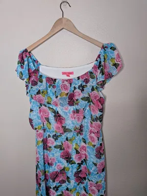 Betsey Johnson Floral Maxi Dress Off-Shoulder Ruffle Sleeves Pink Blue Size 14 thumbnail 2