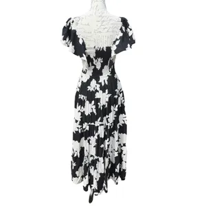 Rachel Zoe Black White Floral Smocked Waist Tiered Maxi Dress Short Sleeve Small thumbnail 4