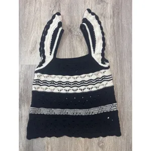Loft Crochet Knit Ruffle Sleeve Striped Tank Black White Square‎ Neck Size Small thumbnail 5
