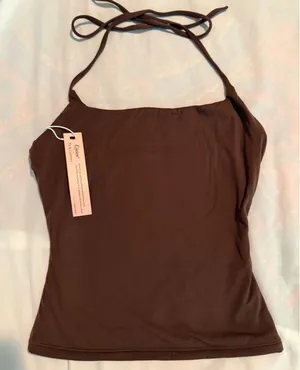 Qinsen Womens Halter Neck Camisole Top Brown Stretch Square Neck XS NWT thumbnail 1