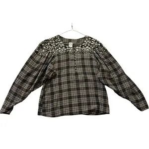Anthropologie Akemi + Kin plaid flannel embellished pearl top M thumbnail 4