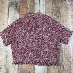 J.Crew Large Merlot Cropped Fringe Lady Jacket Gold Snap Marled Knit Sweater thumbnail 5