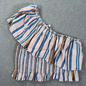 American Eagle One Shoulder Stripe Tank Top Women's XL Smocked Ruffle Hem Linen thumbnail 1