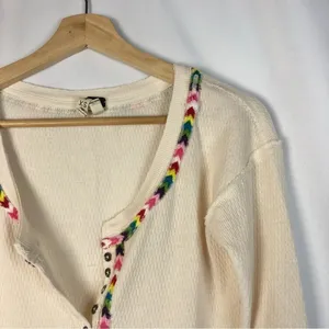 Free People We the‎ Free Ivory White Rainbow Thermal Henley Long Sleeve Tee XS thumbnail 4