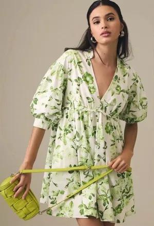 Maeve by Anthropologie V-Neck Tunic Dress in a white and green floral large thumbnail 1