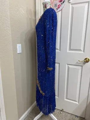 Vintage Tan-Chho Pure Silk Beaded Sequin Maxi Gown Dress Royal Blue Size XL 80’s thumbnail 5