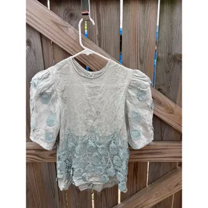 Vintage Blouse Cottagecore Sage Green Lace Applique Puff Sleeve Small‎ thumbnail 5