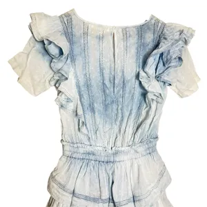 LoveShackFancy Natasha Light Blue Tie Dye Cotton Ruffled Tiered Lace Mini Dress thumbnail 8