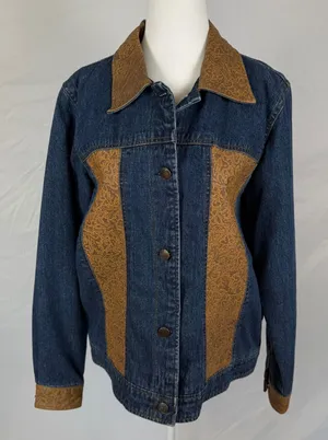 Coldwater Creek Denim Leather Trim Jacket Womens Medium Blue Western Paisley thumbnail 1