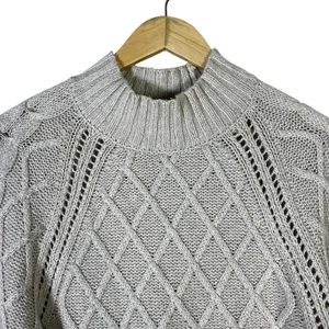 American Eagle Diamond Cable Pointelle Sweater Gray Mock Neck Balloon Size S thumbnail 3