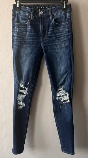 American Eagle Dark Wash Distressed Hi Rise Jeggings Size 2 thumbnail 1
