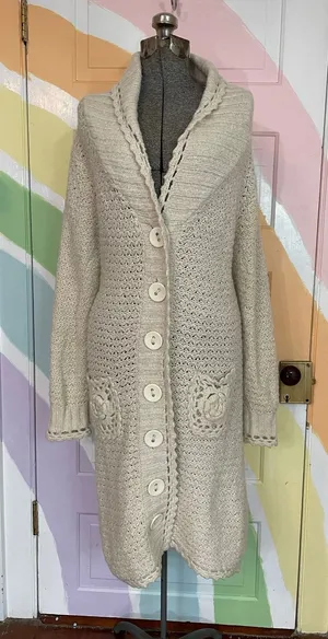 Mac & Jac Chunky Knit Cardigan Long Sweater Coat Cream L Boho Cozy thumbnail 1