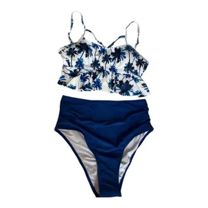 Blue Palm Tree Ruffle Bikini Set High Waisted Swimsuit‎ Womens Size Medium NEW thumbnail 3